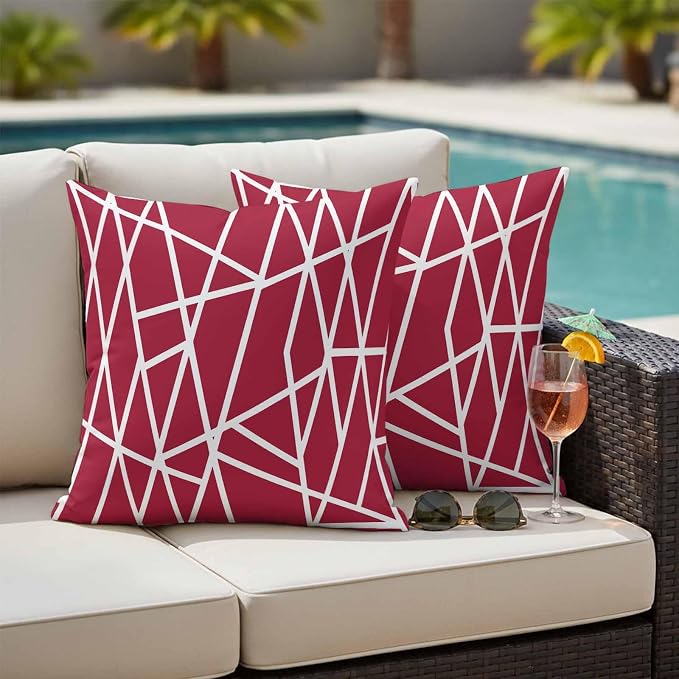 Outdoor Pillow Covers Waterproof, Red Geometric Decorative Square Throw Pillowcases Patio Cushion Covers for Tent/Garden, 18" x 18" 2 Pack, Abstract Stripes Modern Minimalist