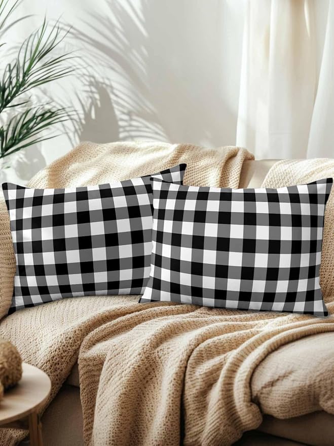 Waterproof Outdoor Pillow Set of 2 Black Buffalo Plaid Decorative Throw Pillows Cover & Insert 20x12 Inch Lumbar Pillowcase Check Lines Pillows for Couch Sofa Bed Patio Furniture Indoor Outdoor