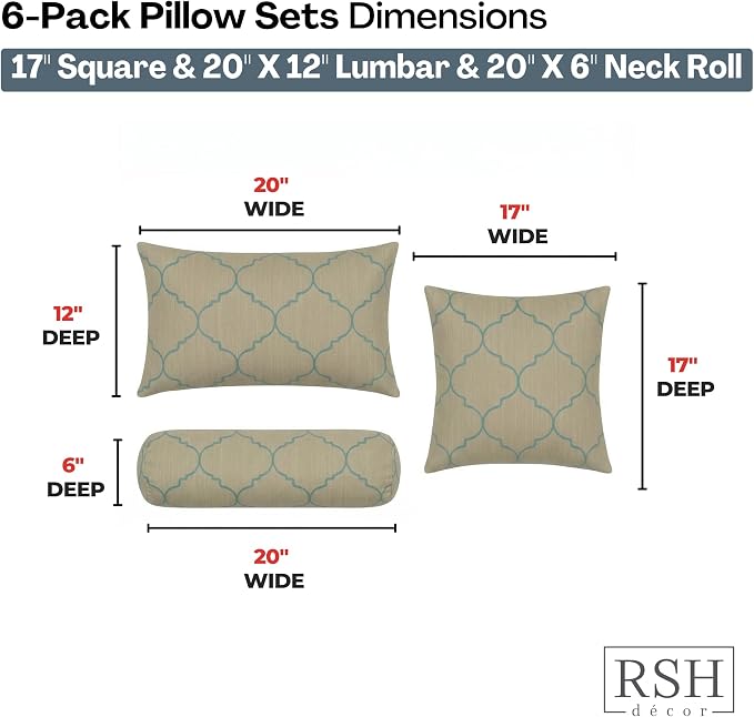 RSH DECOR: Sunbrella 6-Pack Pillow Set | Water & Fade-Resistant Fabric | 17" Square, 20"x12" Lumbar, 20"x6" Neck Roll | Outdoor Pillows for Patio Furniture | Made in USA (Trellis Geo II Mist)