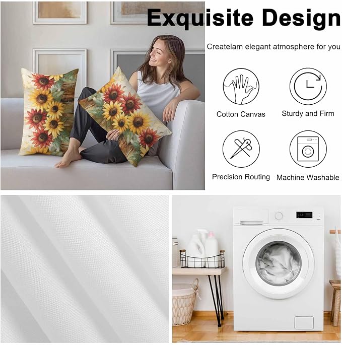 Retro Farmhouse Red Yellow Sunflower Outdoor Pillow Covers 20x12in Pack of 2 Waterproof Pillowcase Vintage Rustic Wood Floral Decorative Throw Cushion Case for Patio Couch Sofa