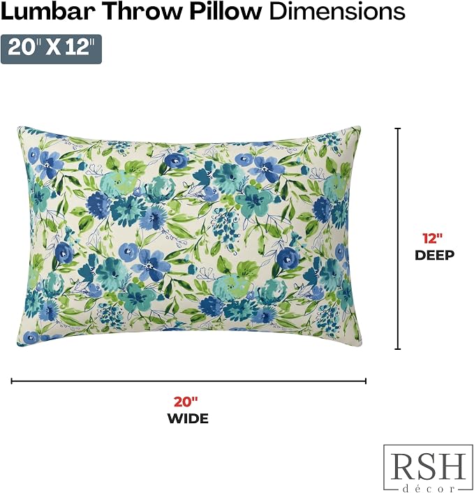 RSH DECOR: Lumbar Throw Pillows Set of 2 | 20” x 12" | All-Weather Spun Fabric | Outdoor Support Pillows for Patio Furniture | Made in USA (Bettina Aqua)