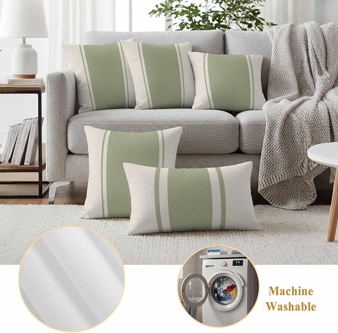Abstract Gray Green Color Block Outdoor Pillow Covers Set of 2 Vintage Lines Linen Texture Waterproof Throw Pillow Cover Decorative Cushion Cases for Patio Porch Garden 20X12 Inch