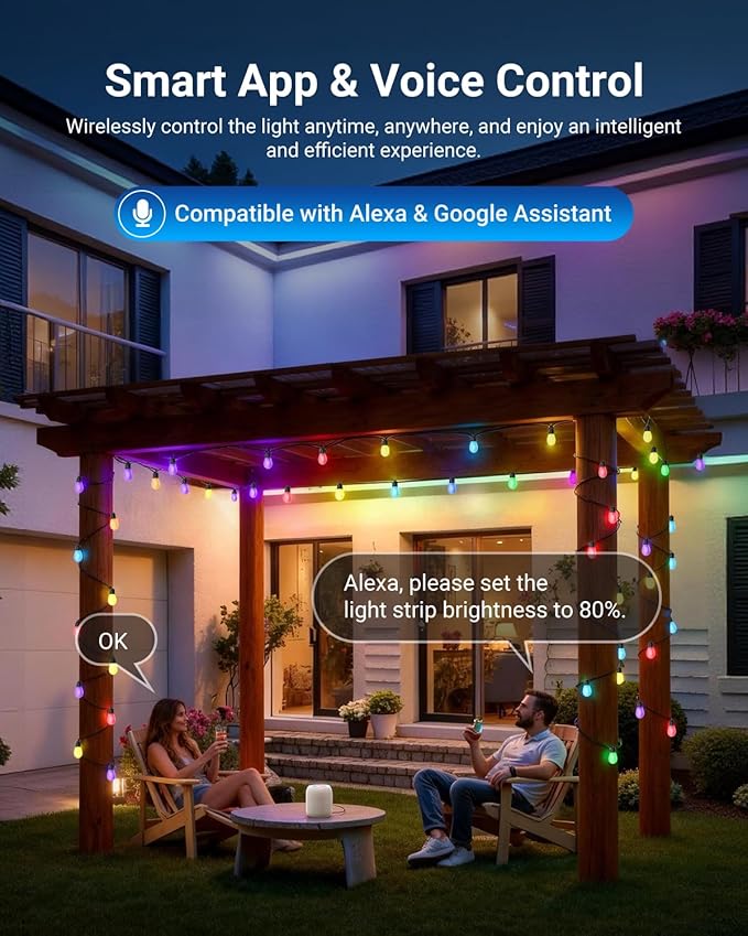 NEEWER 96ft Outdoor String Lights, App Control Smart AI RGB IC W Hanging Outside Warm White Patio Balcony Backyard Lighting, IP65 Waterproof, 30 LED Bulbs,50+ Scenes, Compatible with Alexa Google,NR01