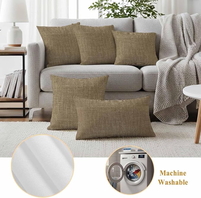 Outdoor Waterproof Throw Pillow Covers Set of 2 Brown Linen Pillowcases 16x16 Inches Farmhouse Pure Color Decorative Pillows Cushion Case Patio Pillows for Couch Bed Chair Garden