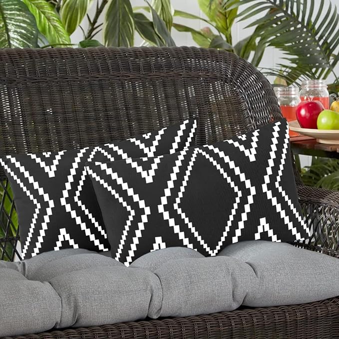 Outdoor Pillow Waterproof Set of 2, Black and White Throw Pillows for Patio Furniture, Outdoor Pillow Covers for Couch, White More (Black&white-01, 12x20 Inch)