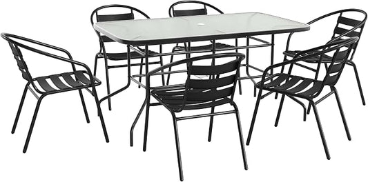 Flash Furniture Lila 7-Piece Glass Patio Table and Chairs Set, Outdoor Patio Dining Set with Rectangular Table and 6 Slat Back Patio Chairs, Black | Umbrella Hole, 55 in Tempered Glass, Aluminum Slat Back Stack Chairs