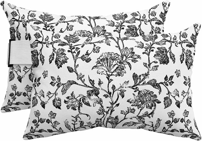 Pack of 4 Outdoor Lumbar Pillow Covers 12x20 Inch, Black Flower Waterproof Throw Pillow Covers Set, Vintage Farmhouse Boho Leaf Spring Plant Indoor&Outdoor Cushion Cases for Patio Porch Beach