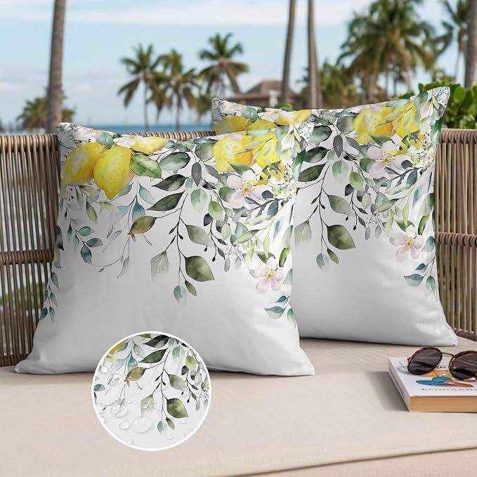 Rustic Floral Plant Outdoor Waterproof Throw Pillow Covers Set of 2, 18"x18", Green Eucalyptus Leaves Sage Lemon White Decorative Pillow Covers Outside Cushion Case for Patio Porch Garden