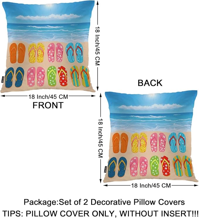 Swono Beach Sandals Decorative Throw Pillow Cushion Covers, Hawaii Beach Sea Flip Flops Cozy Pillowcase Home Decor, Double-Sided Pillow Covers for Bedroom Livingroom Office 18x18 Set of 2 Colorful