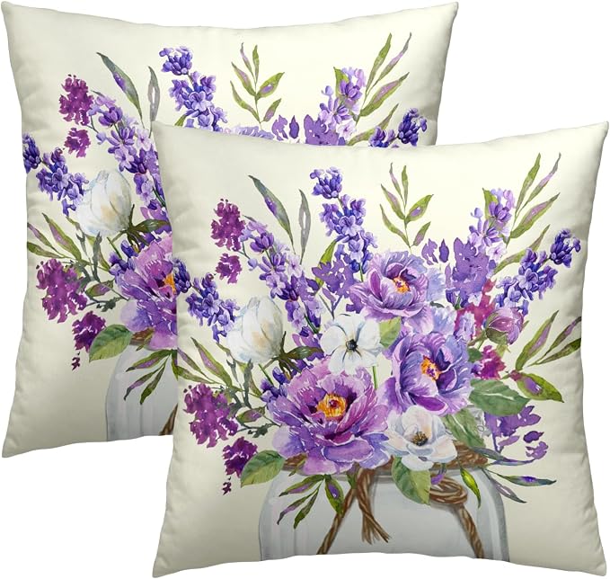 Lavender Flowers Throw Pillow Covers 16 x 16 Inches Set of 2 Rustic Farmhouse Vintage Purple Floral Plant Cotton Linen Pillowcase for Outdoor Sofa Garden Living Room Home Decor