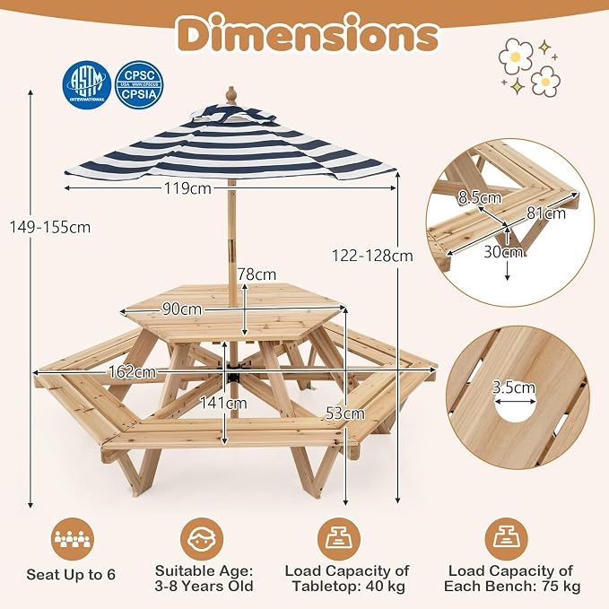 HONEY JOY Kids Picnic Table, Hexagonal Toddler Outdoor Table and Chair Set, 6 Built-in Benches, Removable Umbrella, Fir Wood Children Backyard Furniture for Patio Garden Deck Poolside, Natural