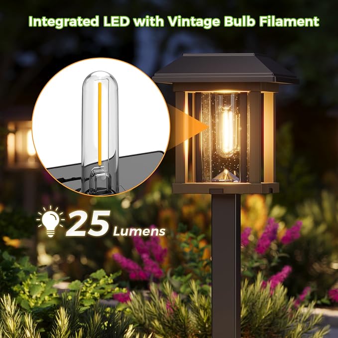 XMCOSY+ 4-Pack Solar Pathway Lights Outdoor, 25 Lumens Solar Garden Lights | IP65 Waterproof Seeded Glass & Metal Stakes, 2-Tone Vintage Edison LED Landscape Lighting for Yard, Patio, Walkway & Driveway