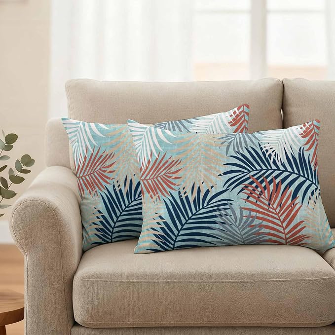 Outdoor Waterproof Throw Pillow Covers, Red Blue Teal Palm Leaves Decorative Pillow Cases, Summer Botanical Tropical Leaf Couch Pillow Protector Patio Sofa Cushion Covers Replacement 20"x12" 2 Pack