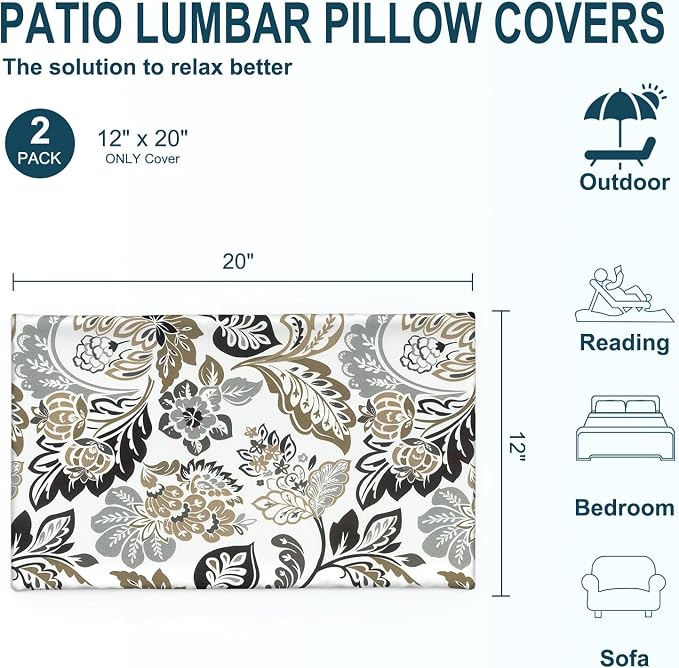 DYTXIII Pack of 2 Outdoor Waterproof Lumbar Pillow Covers ONLY, 12x20 Rectangle Decorative Double Printed Pillow Cases for Patio Couch Porch Furniture - Dailey Tan