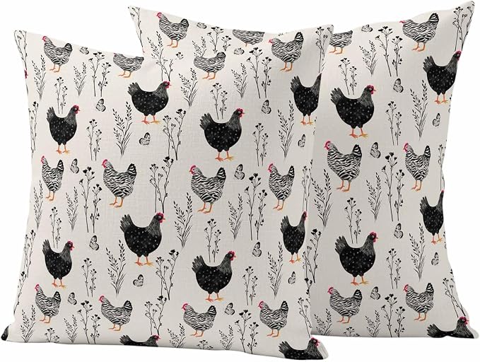 Beige Farm Chicken Outdoor Pillow Covers 18"x18" Set of 2, Country Farmhouse Black White Rooster Flower Leaf Waterproof Throw Pillow Covers for Patio Furniture, Decorative Cushion Covers for Porch