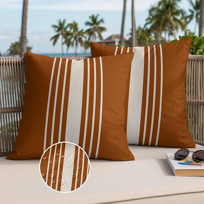 Throw Pillow Covers 26x26 Inch Set of 2, Burnt Orange Beige Striped Waterproof Outdoor Cushion Covers, Modern Farmhouse Retro Lines Decorative Pillowcases for Couch, Sofa, Bed, Garden, Patio