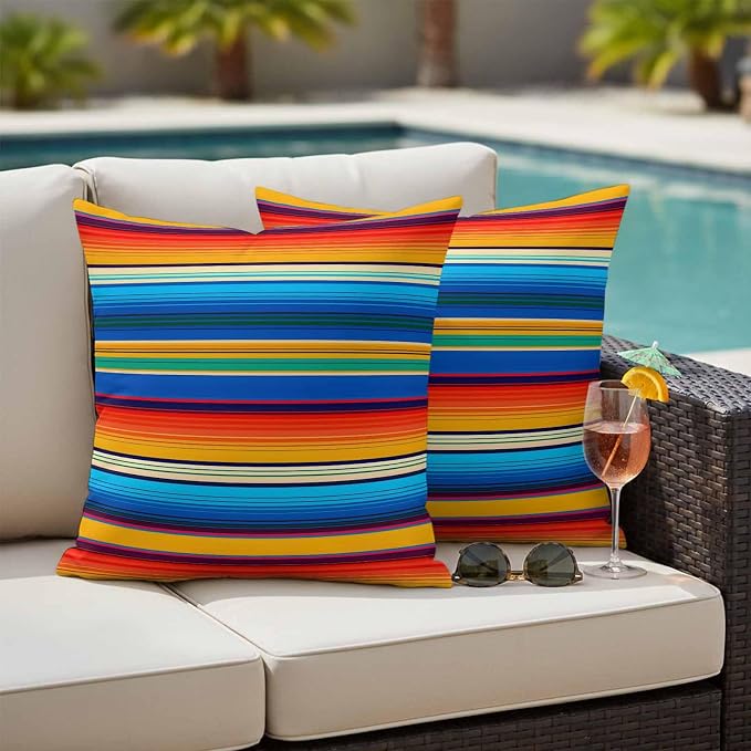 Colorful Striped Outdoor Pillow Covers 18x18 Inch Throw Pillow Covers Set of 2 Waterproof Decorative Pillow Cases Boho Rainbow Abstract Stripes Lines Cushion Covers for Patio Furniture Garden Couch