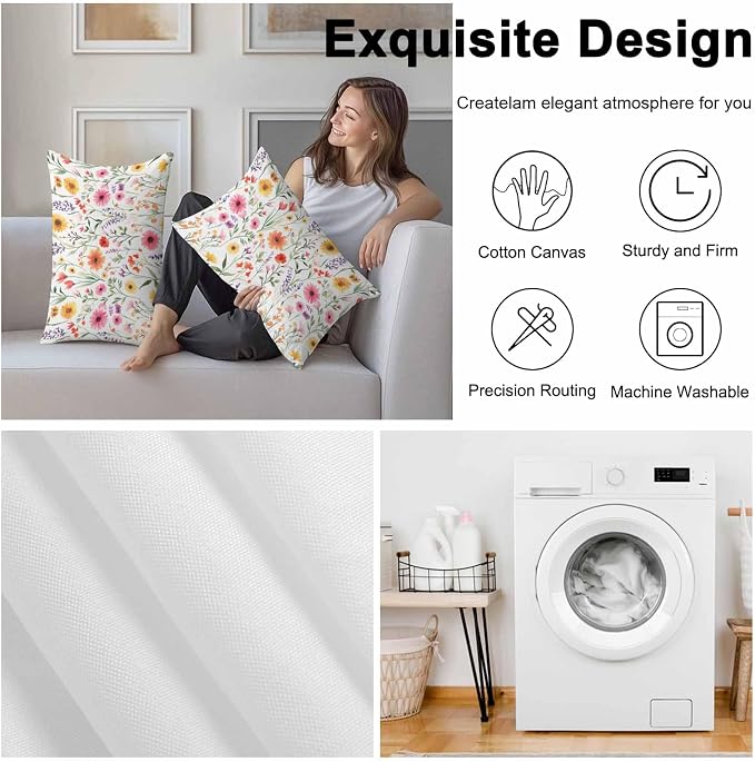 Spring Outdoor Pillow Covers Set of 2,Decorative Watercolor Flower Leaves Waterproof Throw Pillow Case, Garden Floral Art Linen Soft Cozy Cushion Pillowcases