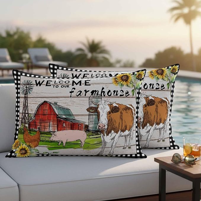 Outdoor Waterproof Pillow Covers 20x12Inch Farmhouse Animal Barn Chicken Pig Cow Throw Pillowcases for Patio Garden Couch Sofa Retro Wood Grain Farm Scene Decorative Cushin Case,Pack of 2