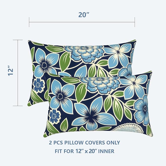 LVTXIII Outdoor Lumbar Pillow Covers Only Set of 2 Patio Decorative Pillow Cases, Water Repellent Lumbar Cushion Cases for Sofa, Patio Couch Garden Use, 12x20 Inch, Azure Botanical Symphony‌