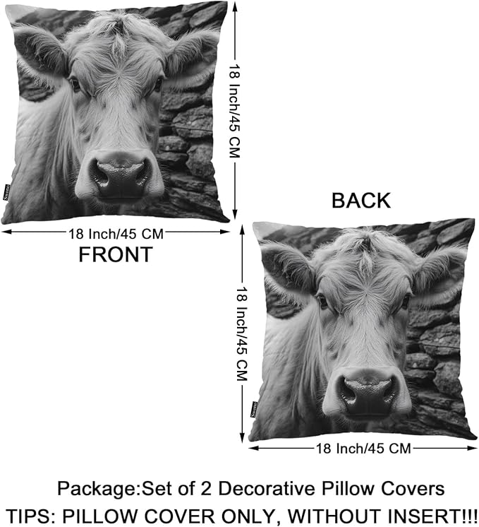 Swono Highland Cattle Pillow Covers, Farm Animal Cow Cattle Decorative Pillow Case Home Sofa Cushion Set, Pillow Cushion Cases for Bed/Patio/Garden/Balcony, 2-Pack 18x18 Inch, Black White