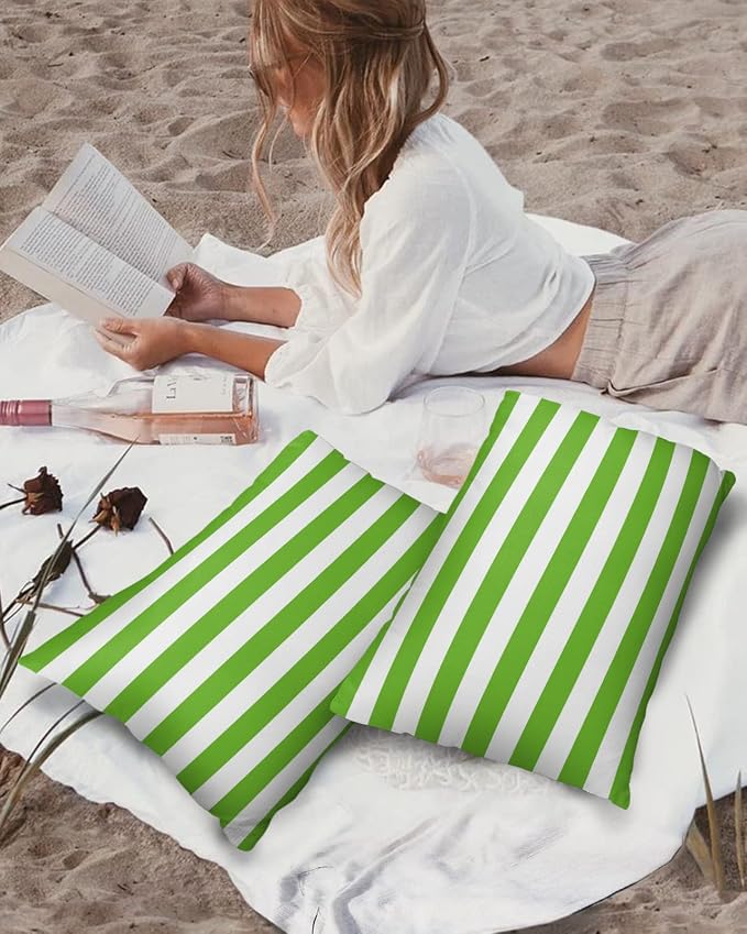 Lumbar Throw Pillow Covers 12x20 Outdoor Waterproof Pillow Covers for Patio Furniture Green White Stripes Decorative Throw Pillow Cover Striped Pillowcases Set of 2 Cushion Case for Sofa Couch Chair