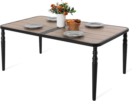 NUU GARDEN Patio Dining Table for 6, 61” x 37” Large Rectangle Metal Table with Wood-Grain Tabletop, Outdoor Table with 2.1” Umbrella Hole for Backyard, Lawn, Garden, Black
