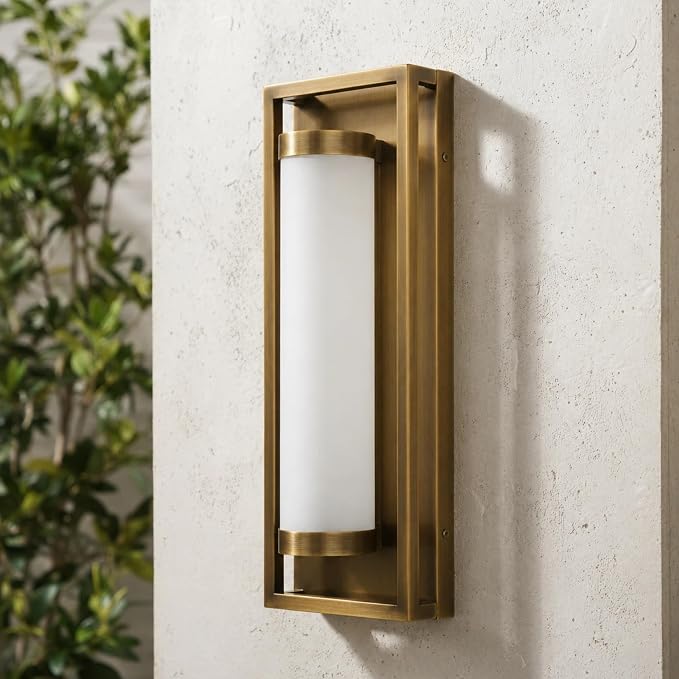 Hyunbae Modern LED Dusk to Dawn Outdoor Wall Sconce, Brushed Antique Brass | Photocell Sensor, 15W Dimmable Porch Light, 16" Exterior Sconce for House, Garage Patio Entryway Use, 3000K Warm White