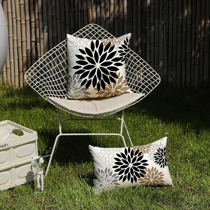 DFXSZ Outdoor Waterproof Pillow Covers 12x20 Set of 2 Black Brown Flower | Spring Summer Waterproof Flower Throw Pillowcases（No Inserts）Outdoor Decor for Patio Funiture Garden Polyester Covers