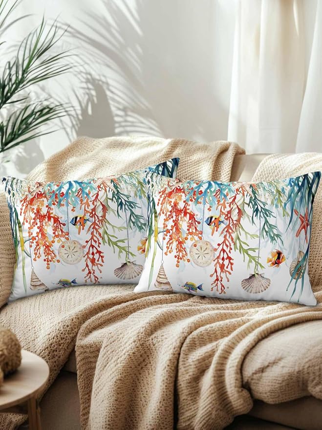 Outdoor Waterproof Throw Pillows Summer Colorful Coral Shell Conch Patio Pillows Pack of 2,Decorative Pillow Covers with Insert,Pillow Cushion Case for Garden Couch Sofa Sea Starfish Fish Marine Life