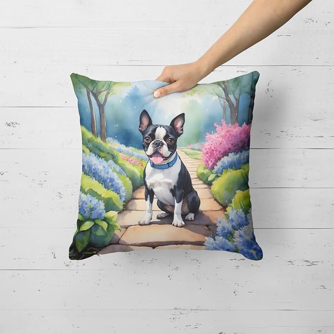 Caroline's Treasures Boston Terrier Spring Path Throw Pillow Machine Washable, Indoor Outdoor Decorative Pillow for Couch, Bed or Patio, 18Hx18W