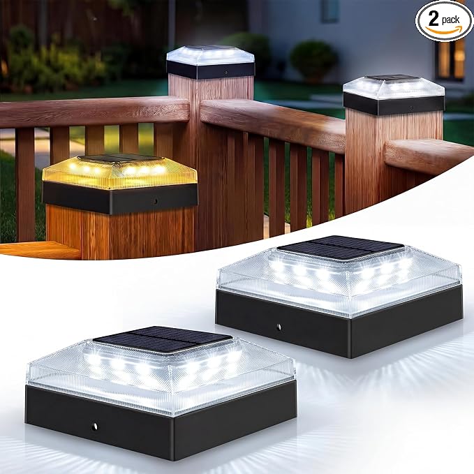 4x4 Solar Post Cap Lights Outdoor 2 Pack, 3 Color Modes/Dusk to Dawn/IP65 Waterproof, Fits 4x4 Vinyl/PVC Wood Posts Top, Black LED Fence Topper Light for Deck, Porch, Backyard