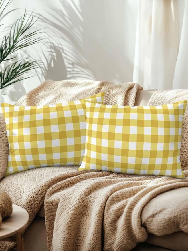 Waterproof Outdoor Pillow Set of 2 Yellow Buffalo Plaid Decorative Throw Pillows Cover & Insert 20x12 Inch Lumbar Pillowcase Check Lines Pillows for Couch Sofa Bed Patio Furniture Indoor Outdoor