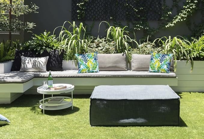 Pack of 2 Outdoor Waterproof Decorative Throw Pillows with Inserts for Patio Furniture, 18x18 Inch Square Fade Resistant Patio Garden Cushions for Couch Bed Sofa, Leaves Blue and Green