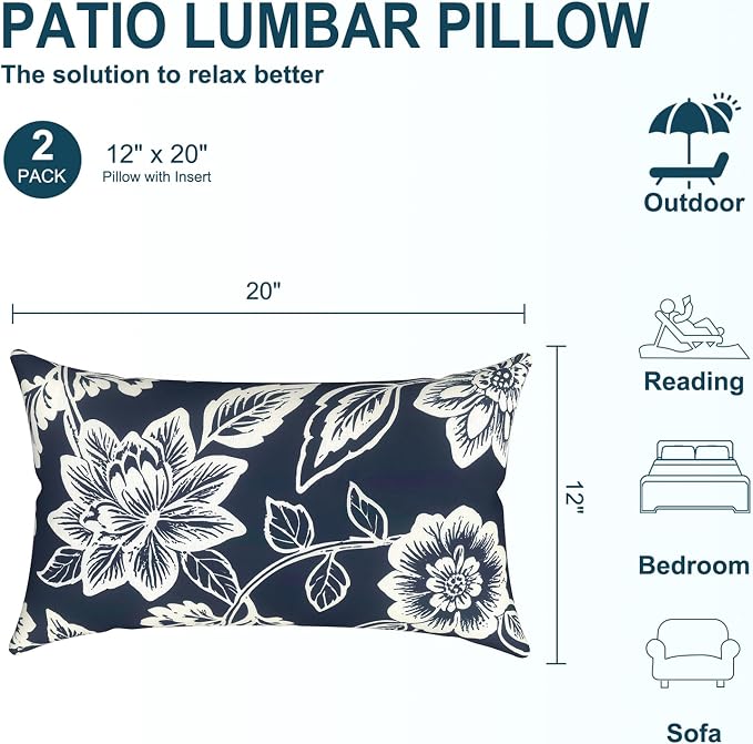 DYTXIII Pack of 2 Waterproof Outdoor Lumbar Pillow with Inserts, 12x20 in Rectangle Decorative Patio Throw Pillow for Home, Sofa,Bench and Patio Furniture, Vines Navy