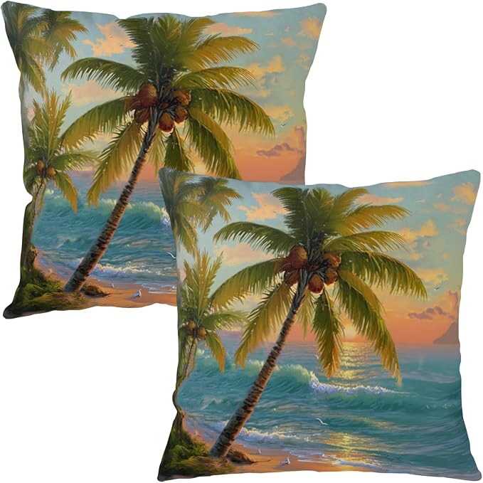 Tropical Throw Pillow Covers Coconut Palm Tree Pillow Covers 24x24 Summer Sunset Coastal Outdoor Pillowcases Hawaiian Sea Wave Cushion Cases for Home Farmhouse Sofa Couch 2 Pcs