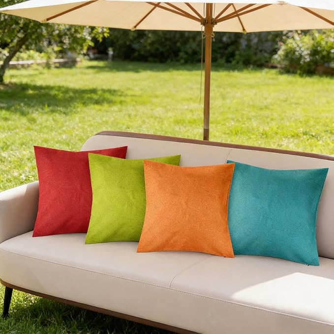 Pack of 4 Decorative Outdoor Waterproof Throw Pillow Covers ONLY Square Garden Cushion Cases for Patio, Couch, Tent and Sofa, 18 x 18 Inches, (Yellow, Red, Orange, Blue-Green)