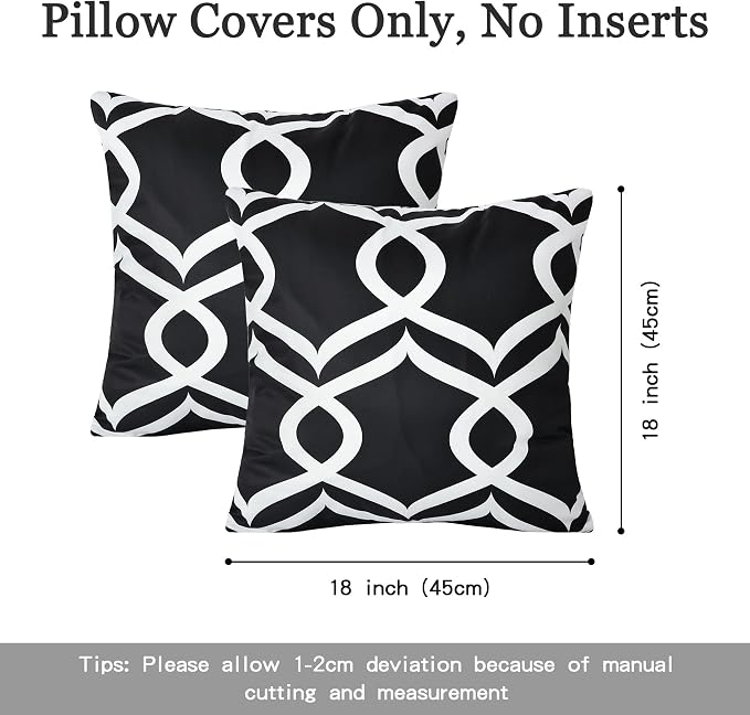 Geometric Outdoor Waterproof Throw Pillow Covers 18"x18" Set of 2 | Abstract Decorative Pillow Cover, Boho Square Cushion Cases for Garden Patio Tent Balcony Bench Couch Sofa, Black & White