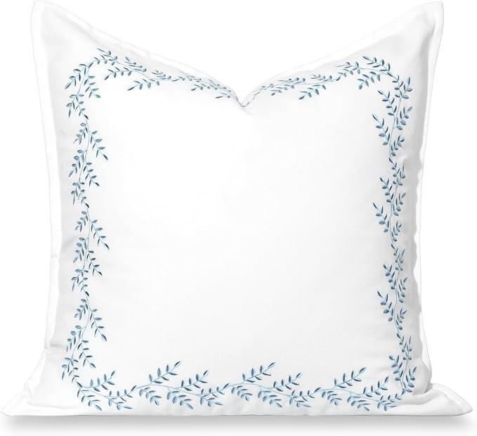 Hofdeco Premium Grandmillennial Coastal Hampton Patio Indoor Outdoor Throw Pillow Cover Only, 20"x20" Water Repellent for Backyard, Couch, Poolside, Baby Blue Embroidered Leaves Frame