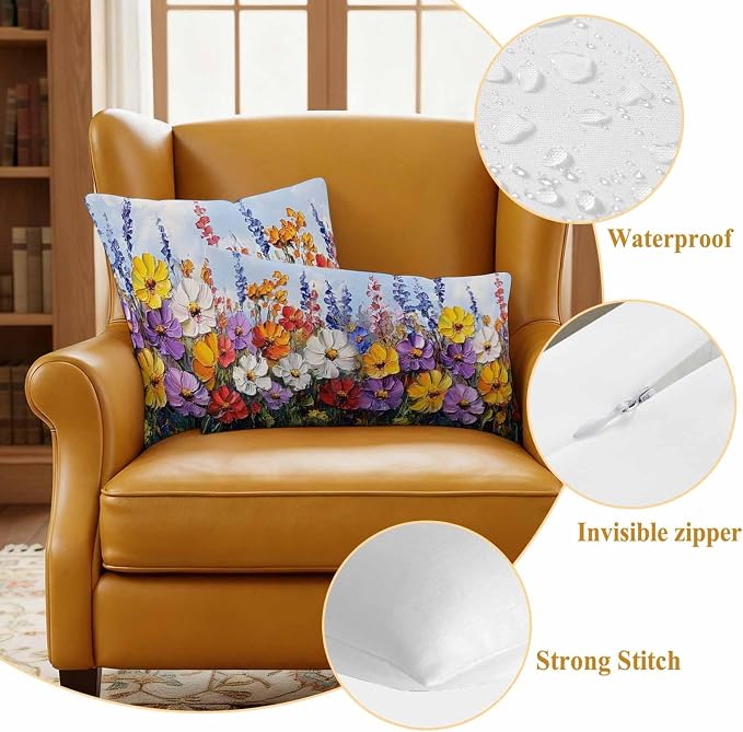 Vintage Wildflowers Waterproof Outdoor Pillow Covers Set of 2 Home Decor, Rustic Oil Painted Abstract Botanical Pillowcase Patio Pillow Covers for Couch Bench Furniture Garden 26x26in