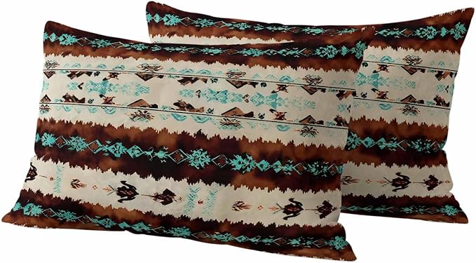 Western Aztec Outdoor Pillow Covers 20"x12" Set of 2, Brown Turquoise Tribal Ethnic Geometric Waterproof Throw Pillow Covers for Patio Furniture, Decorative Cushion Covers for Porch