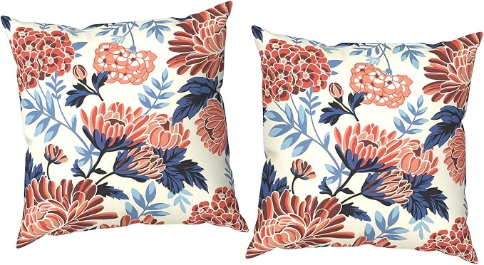Outdoor Throw Pillow Covers 18x18 Inch, Decorative Pillow Covers for Patio Furniture, Red Chrysanthemum Modern Cushion Cases for Garden Couch Home Sofa, Pack of 2