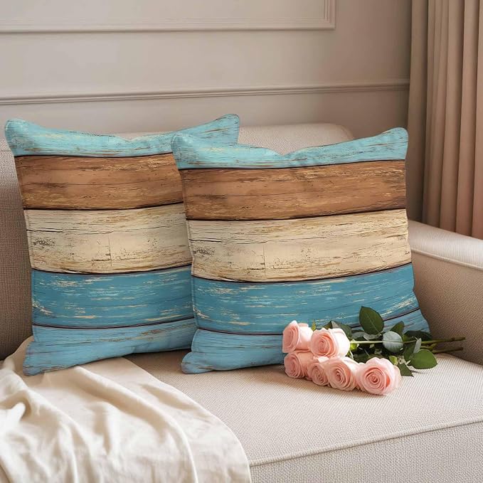 Farmhouse Light Blue Brown Outdoor Waterproof Pillow Covers, Vintage Wooden Striped Decorative Square Throw Pillowcase Sofa Cushion Sham for Patio/Couch/Chair, 24"x24" 2 Pack