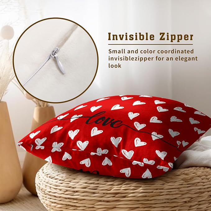 Valentine's Day Pillow Covers 20x20 Inch, Set of 2 Romantic Love Hearts Red Decorative Throw Pillowcases Square Cushion Cover for Couch Sofa Anniversary Engagement Gift Home Decor