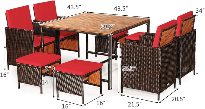 HAPPYGRILL 9PCS Patio Dining Set Outdoor Dining Furniture Set with Cushioned Seating, Space-Saving Dining Table with Acacia Wood Tabletop Wicker Chair and Ottoman Sets for Backyard Garden Poolside