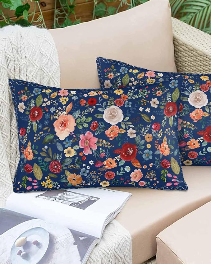 Vandarllin Outdoor Throw Pillows Covers 20x12 inch Set of 2 Waterproof Navy Blue Floral Decorative Zippered Cushion Covers for Patio Furniture, Farmhouse Vintage Flower Lumbar Pillowcases