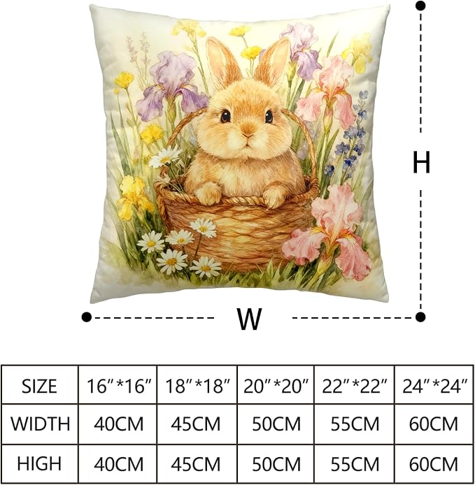 Easter Throw Pillow Covers Watercolor Lovely Bunny Pillow Covers 18x18 Spring Rabbit with Iris Daisy Floral Pillow Cases Happy Easter Farmhouse Cushion Cases for Home Sofa 2 Pack