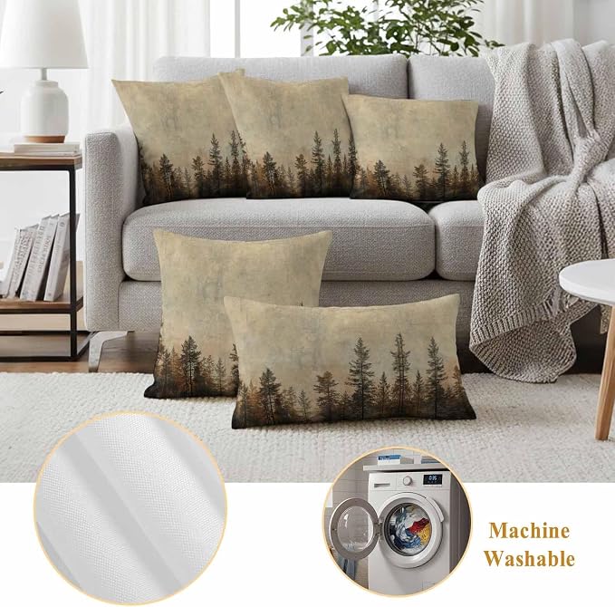 Outdoor Waterproof Pillow Covers 16x16Inch Vintage Forest Pine Tree Plant Throw Pillowcases for Patio Garden Couch Sofa Retro Natural Wild Scenery Decorative Cushin Case,Pack of 2