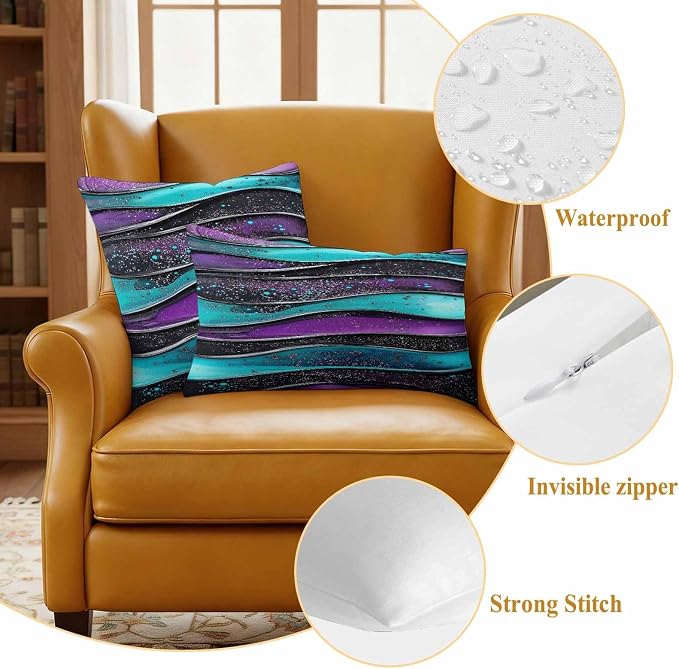 JasmineM Outdoor Pillow Cover 26x26 Inches Set of 2 Abstract Purple Teal Wave Waterproof Throw Pillow Covers Modern Black Strips Decorative Pillowcases Garden Cushion Case for Patio Couch Sofa