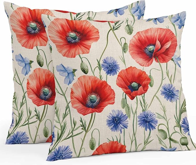 Red Blue Flowers Waterproof Outdoor Pillow Covers Set of 2 Home Decor, Patriotic Poppy Floral Summer Country Pillowcase Patio Pillow Covers for Couch Bench Furniture Garden 26x26in